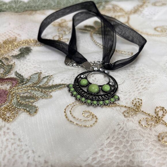 Handmade Boho Style Ribbon Necklace, Black & Green Bogo Necklace - Picture 2 of 6